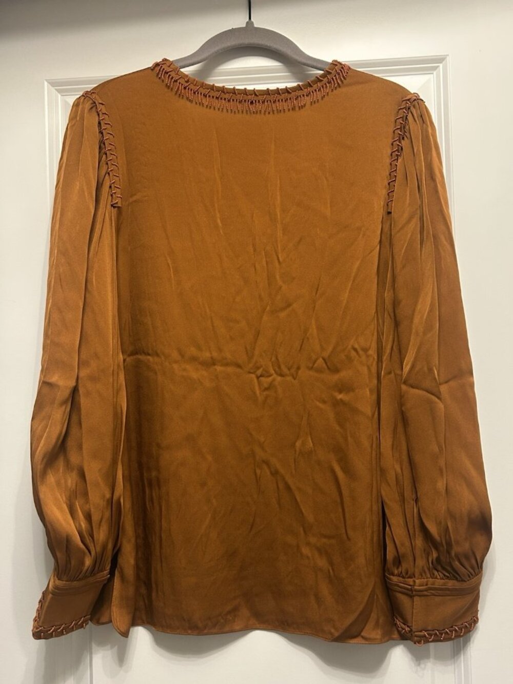 Kobi Halperin Shirt Medium Silk Stretch Beaded Peasant Blouse Burnt Orange Beads - Picture 10 of 16